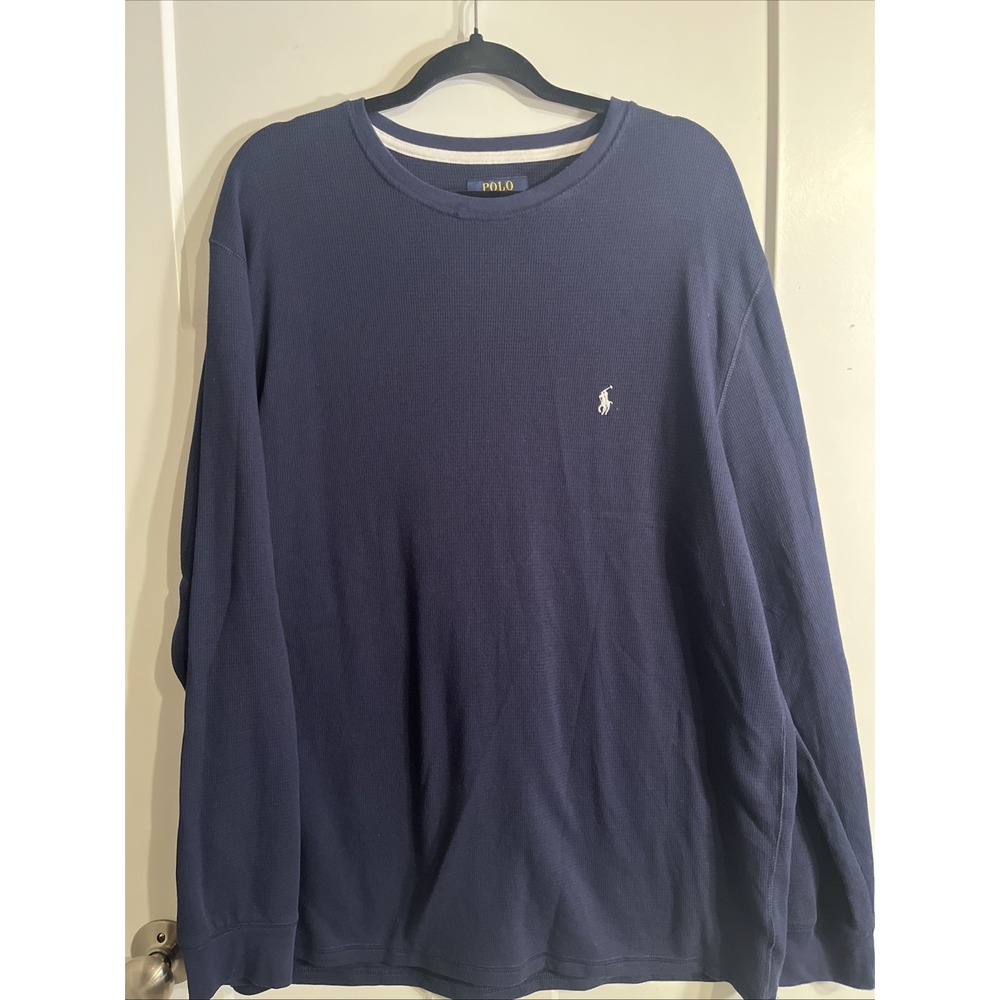Polo Ralph Lauren Mens 2XL Navy Blue Cotton Long Sleeve Waffle Knit Shirt